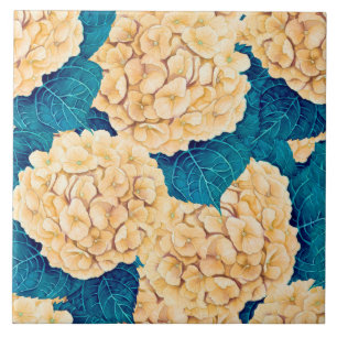 Hydrangea watercolor pattern, yellow and blue ceramic tile