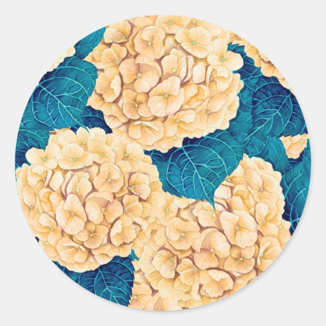 Hydrangea watercolor pattern, yellow and blue classic round sticker (Front)