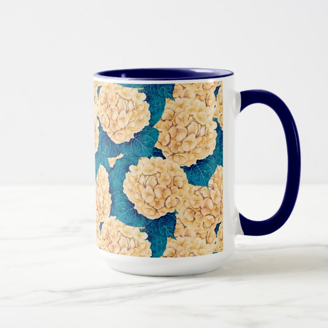 Hydrangea watercolor pattern, yellow and blue mug (Right)