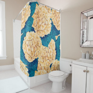 Hydrangea watercolor pattern, yellow and blue shower curtain