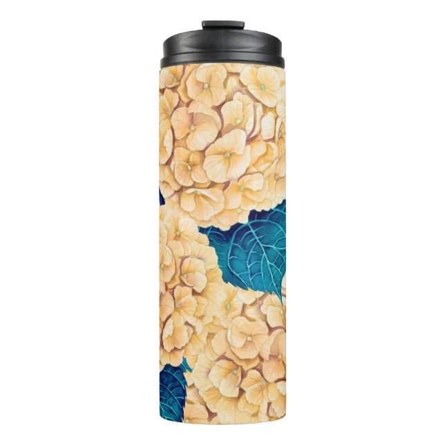 Hydrangea watercolor pattern, yellow and blue thermal tumbler (Front)