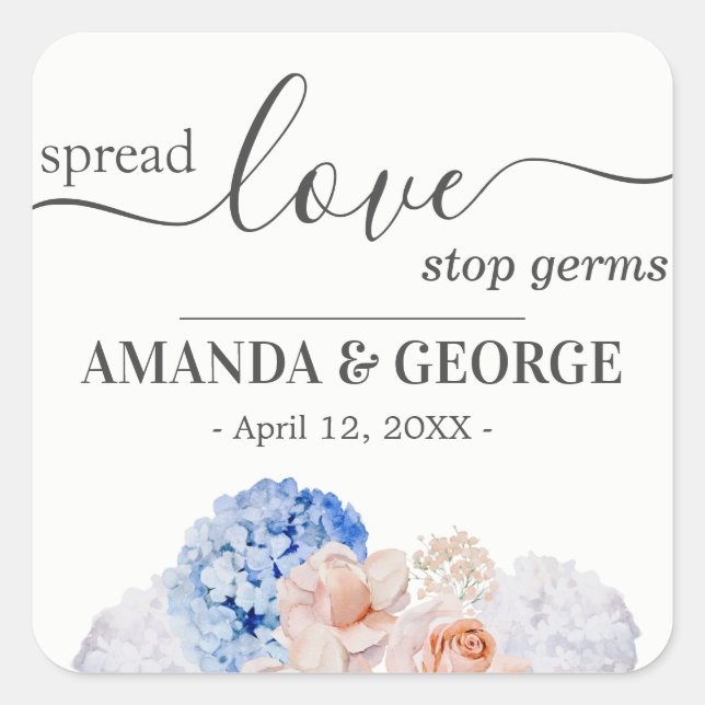 Hydrangea Wedding Hand Sanitizer favour labels (Front)