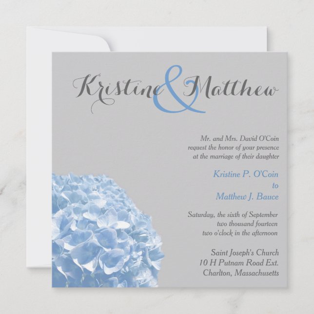 Hydrangea Wedding Invitation - Blue & Grey (Front)