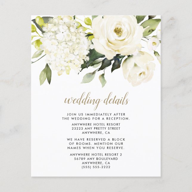 Hydrangea White Gold Floral Wedding Enclosure Card (Front)