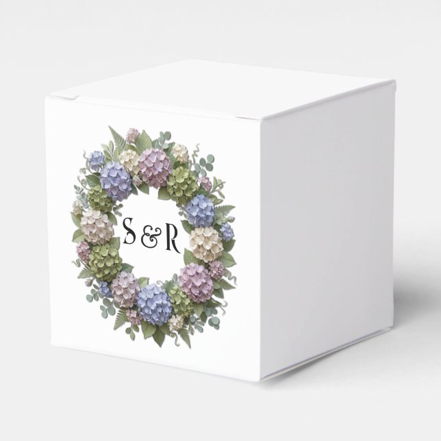 Hydrangea Wreath Monogram Wedding Favour Box (Front Side)