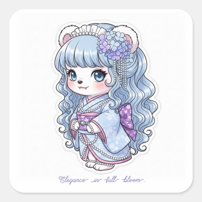 Hydrangea Yukata Bear - Pastel Hair&Pearl Elegance Square Sticker (Front)