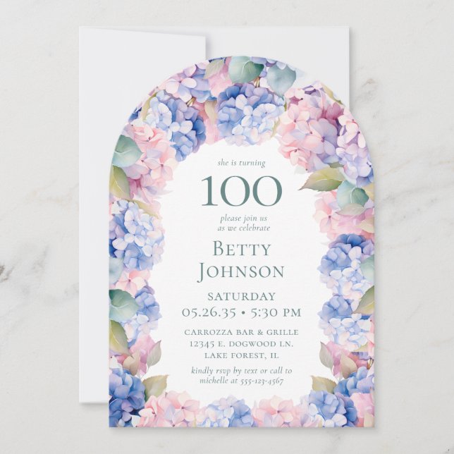Hydrangeas 100th Birthday Party Invitation (Front)