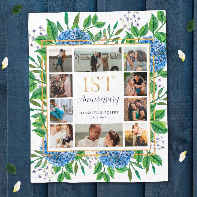Hydrangeas 1st Anniversary Custom Photo Collage Fleece Blanket (Creator Uploaded)
