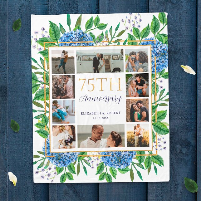 Hydrangeas 75th Anniversary Custom Photo Collage Fleece Blanket (Creator Uploaded)