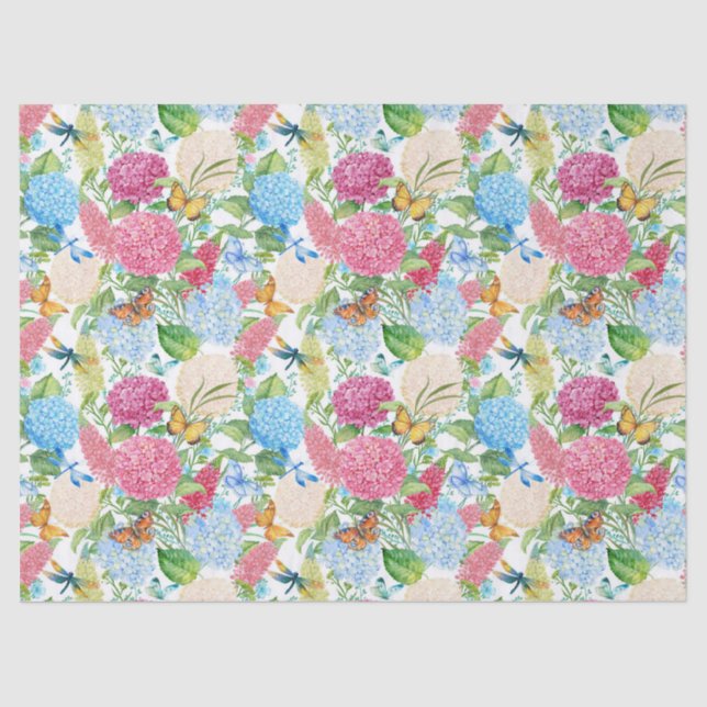Hydrangeas and butterflies Dragonfly tiled Wedding Tissue Paper (Front)