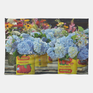 Hydrangeas and Fresh Flowers in Tomato Cans Tea Towel