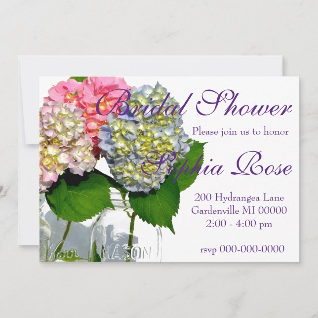 Hydrangeas and Mason jar Invitation (Front)