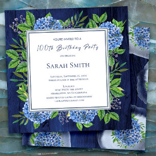 Hydrangeas Blue Rustic Wood 100th Birthday Party Invitation