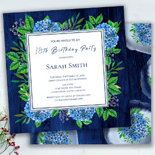 Hydrangeas Blue Rustic Wood 18th Birthday Party  Invitation