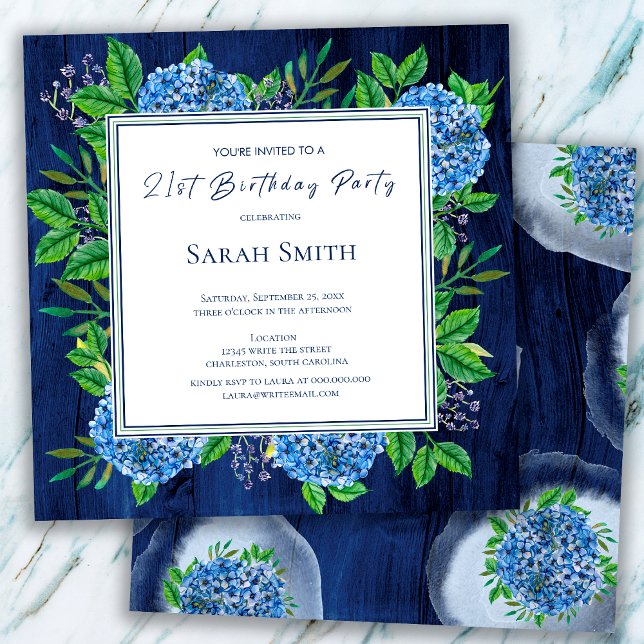 Hydrangeas Blue Rustic Wood 21st Birthday Party Invitation (Creator Uploaded)