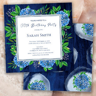 Hydrangeas Blue Rustic Wood 30th Birthday Party  Invitation