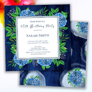 Hydrangeas Blue Rustic Wood 40th Birthday Party Invitation