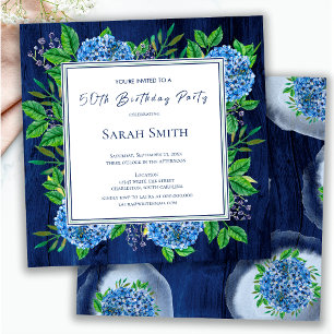 Hydrangeas Blue Rustic Wood 50th Birthday Party Invitation