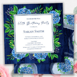 Hydrangeas Blue Rustic Wood 60th Birthday Party Invitation
