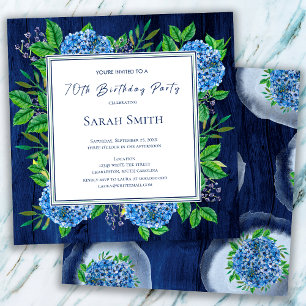 Hydrangeas Blue Rustic Wood 70th Birthday Party Invitation