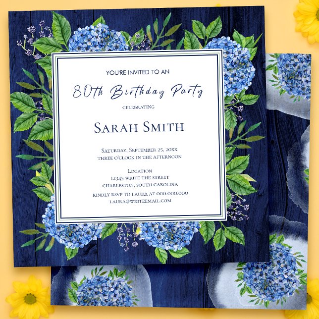 Hydrangeas Blue  Rustic Wood 80th Birthday Party Invitation (Creator Uploaded)