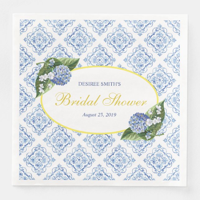 Hydrangeas Blue Tile Bridal Shower Napkins (Front)