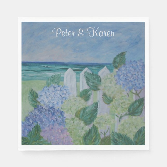 Hydrangeas By The Beach Wedding Napkin (Front)