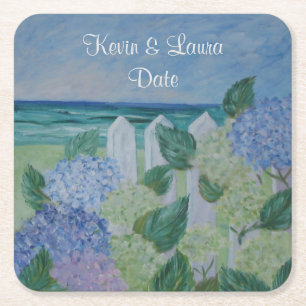 Hydrangeas By The Beach Wedding Square Paper Coaster