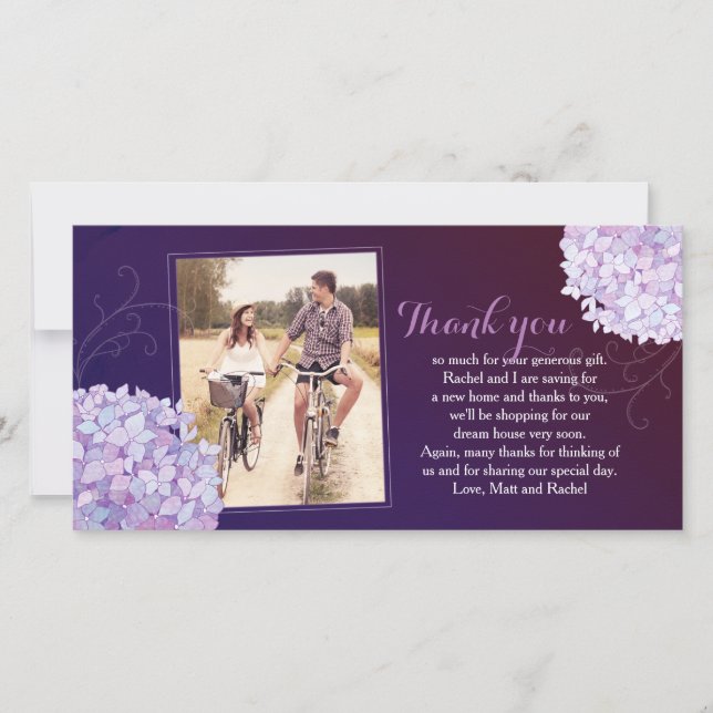 Hydrangeas Deep Purple Wedding Photo Thank You Card (Front)