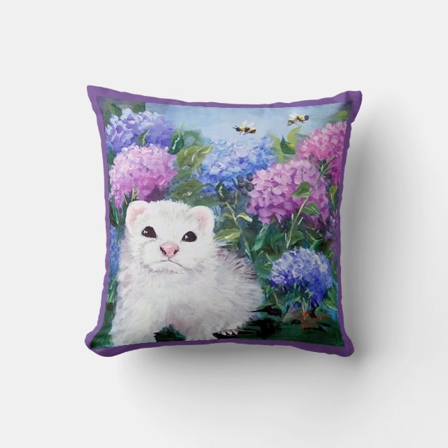 HYDRANGEAS FERRETS AND BEES THROW PILLOW (Front)