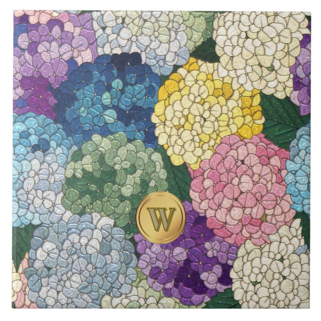 Hydrangeas Floral Faux Stained Glass Monogram Ceramic Tile (Front)