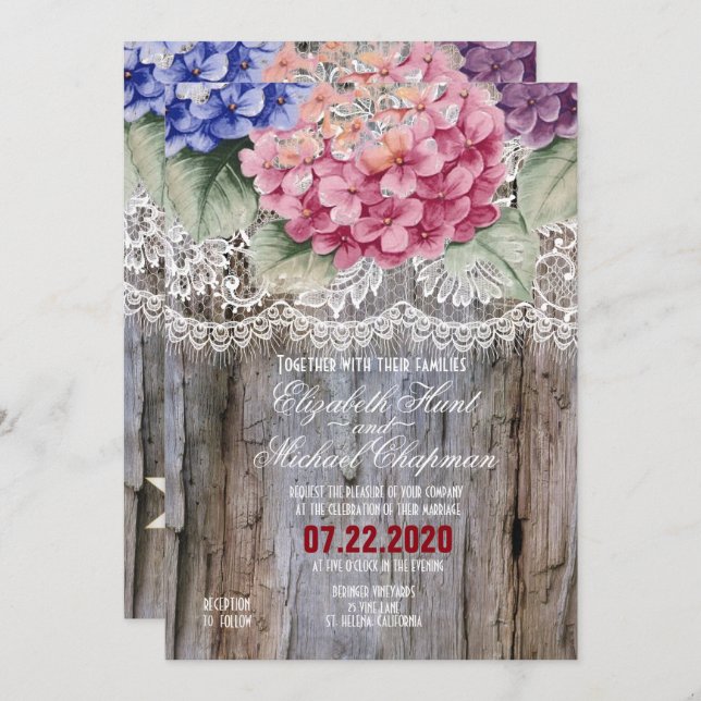 Hydrangeas Lace & Barn Wood Wedding Invitations (Front/Back)