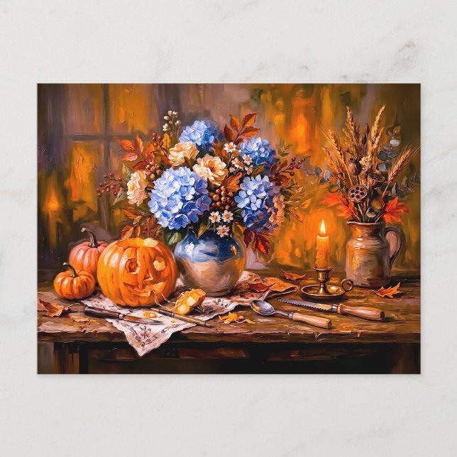 Hydrangeas Pumpkin Carving Candlelight Postcard (Front)