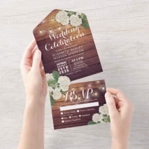 Hydrangeas String Lights Rustic Wood Wedding RSVP  All In One Invitation
