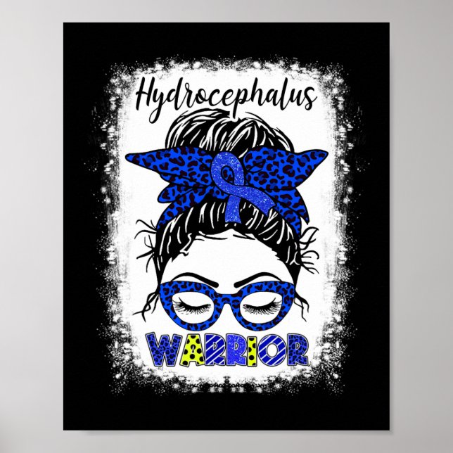 Hydrocephalus Warrior Messy Bun Blue Ribbon Leopar Poster (Front)