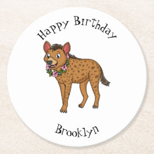 Hyena and flowers cartoon illustration round paper coaster