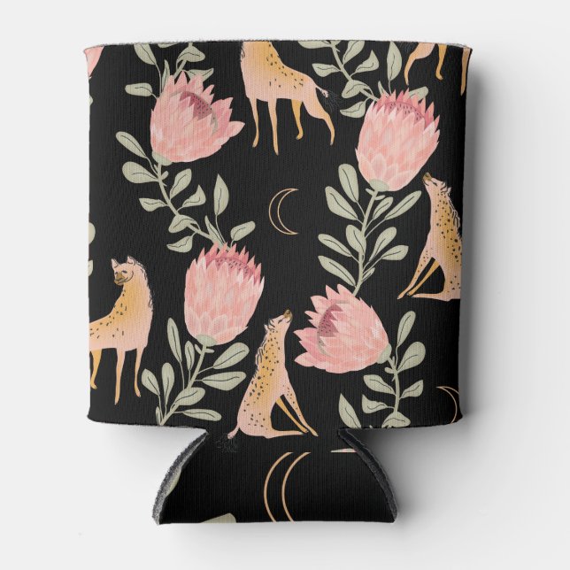 Hyena & Protea: Black Background Seamless Can Cooler (Front)