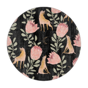 Hyena & Protea: Black Background Seamless Cutting Board