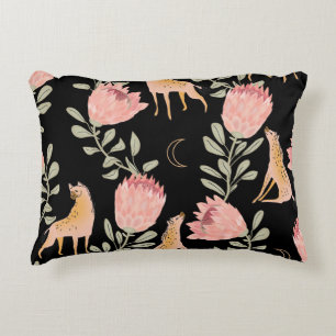 Hyena & Protea: Black Background Seamless Decorative Cushion