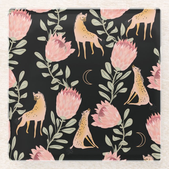 Hyena & Protea: Black Background Seamless Glass Coaster (Front)