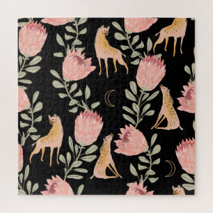Hyena & Protea: Black Background Seamless Jigsaw Puzzle