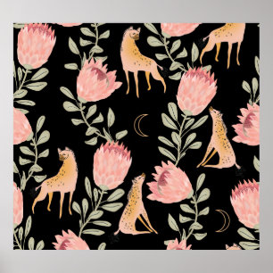 Hyena & Protea: Black Background Seamless Poster