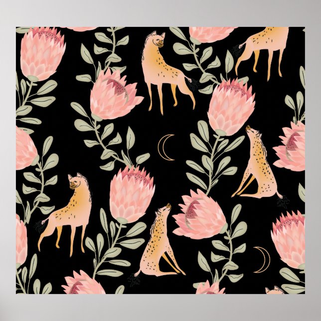 Hyena & Protea: Black Background Seamless Poster (Front)