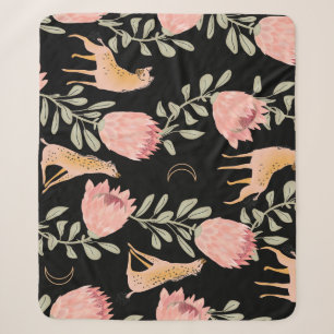 Hyena & Protea: Black Background Seamless Sherpa Blanket