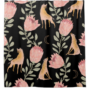 Hyena & Protea: Black Background Seamless Shower Curtain