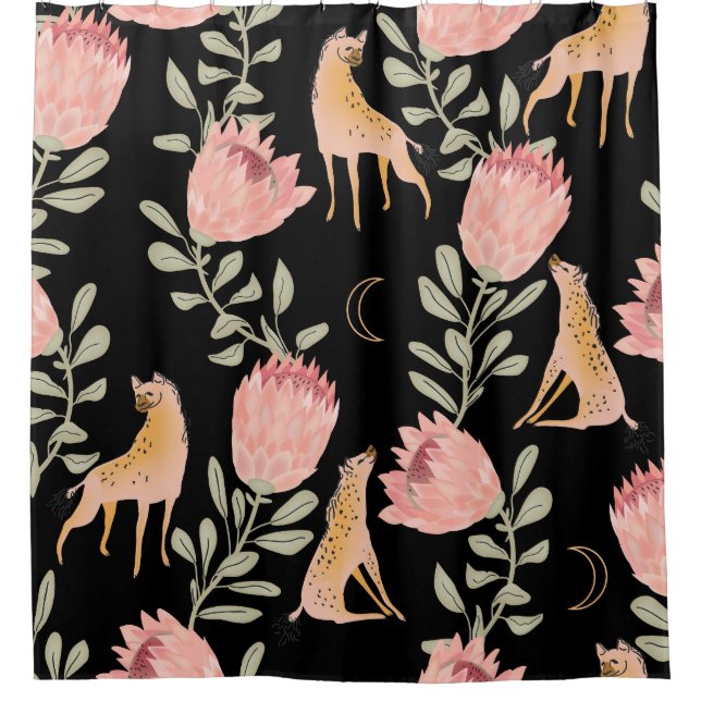Hyena & Protea: Black Background Seamless Shower Curtain (Front)