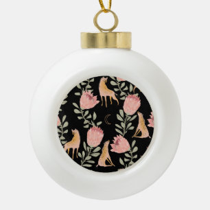 Hyena & Protea: Dark Vintage Pattern Ceramic Ball Christmas Ornament