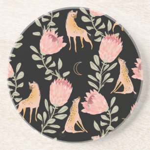 Hyena & Protea: Dark Vintage Pattern Coaster