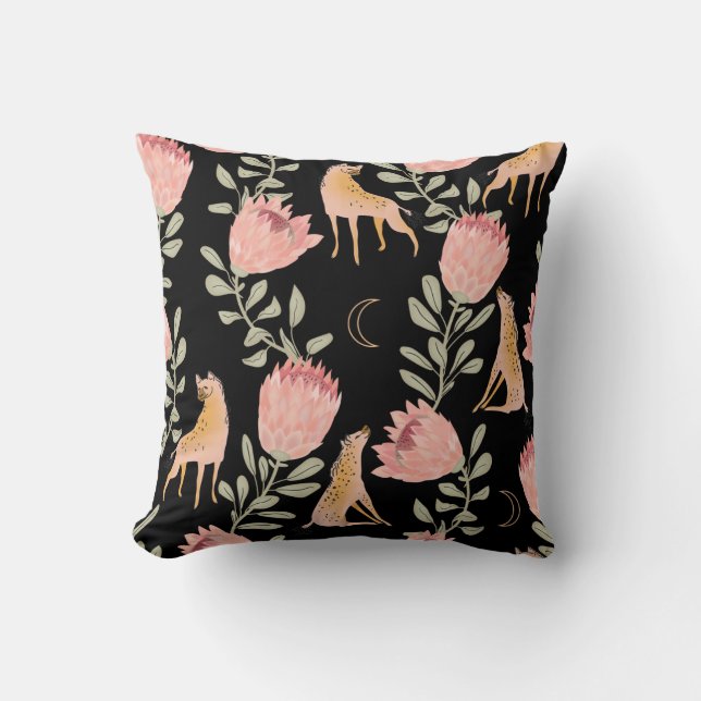 Hyena & Protea: Dark Vintage Pattern Cushion (Front)