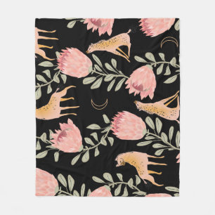 Hyena & Protea: Dark Vintage Pattern Fleece Blanket